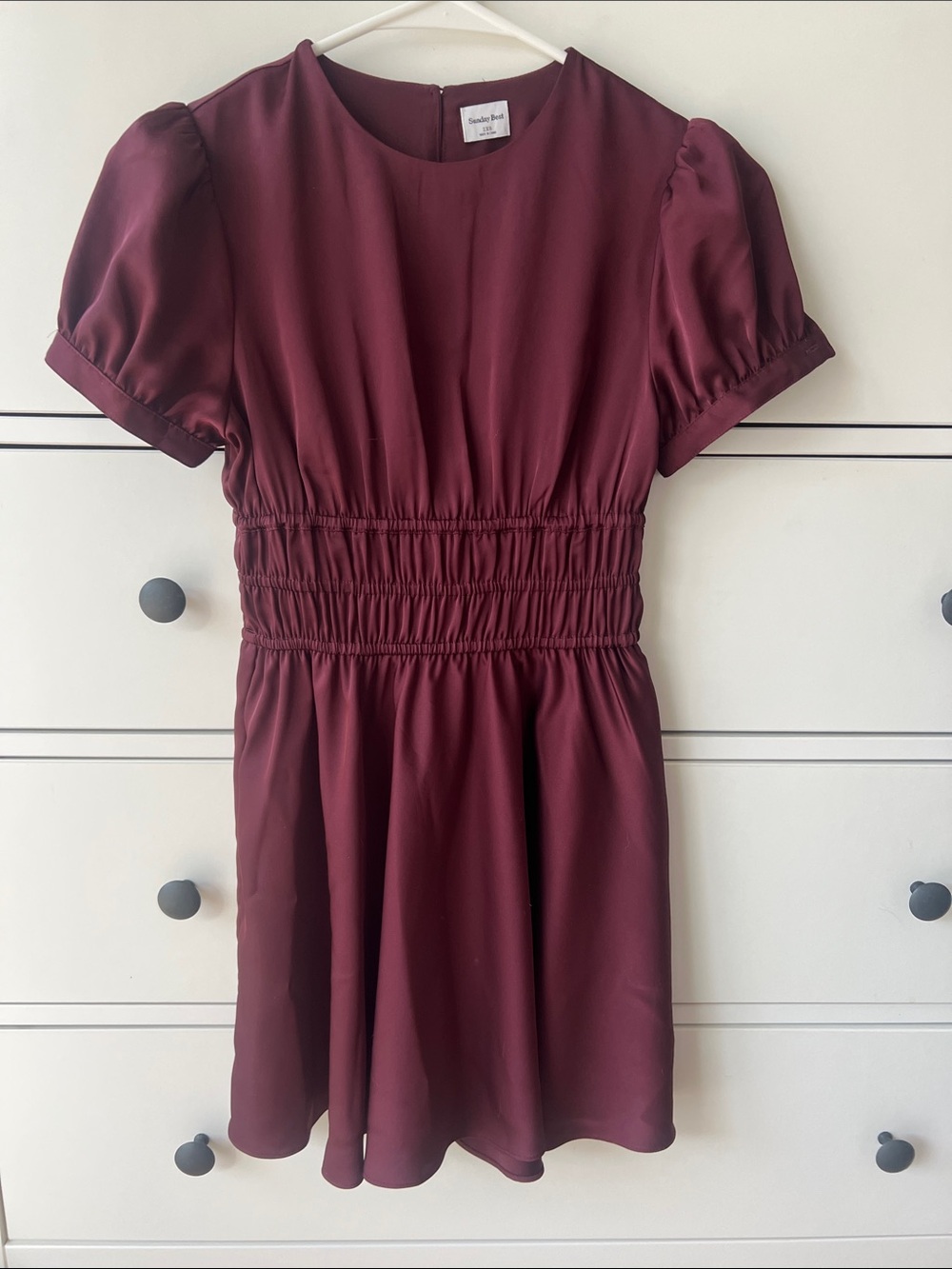 Aritzia Burgundy Wine Red Puff Sleeve Smocked Waist Mini Dress size 2xs